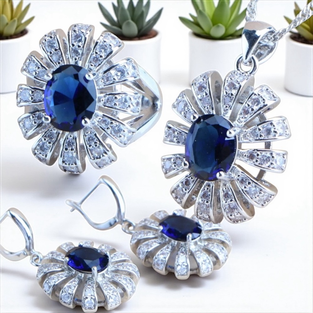 Stamped 925 Silver Flower CZ Blue Ring 7 Earrings Pendant Necklace Set - Picture 5 of 5